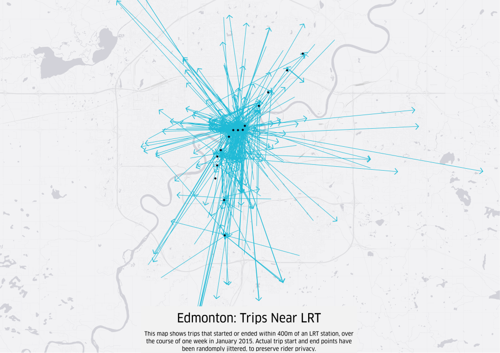 Black dots represent LRT stops. Blue arrows represent uberX trips.